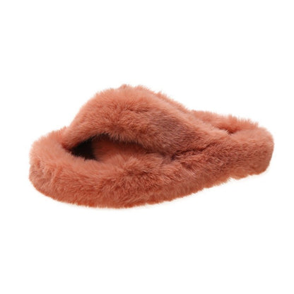 Foreign Trade Furry Slippers for Women 2025 Autumn and Winter New Korean Style Lazy Outer Wear Cross Thick-Soled Open-Toe Slippers for Outer Wear