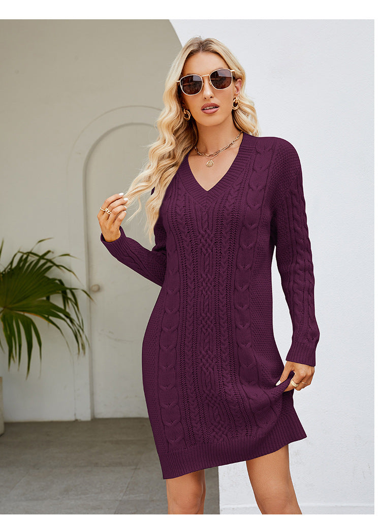 Cross-Border European and American Clothing Pure Color V Neck Long Sweater Dress Autumn and Winter Fashion Elegant Cable Bottoming Knitted Dress