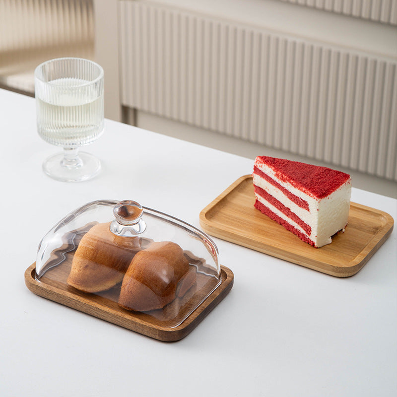 Bamboo and Wood Cake Plate Transparent Glass Display Dinner Plate Dessert Cake Western Food Plate with Table Cream Plate Cross-border Foreign Trade