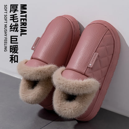 Waterproof Cotton Slippers for Women, Autumn and Winter 2026 New Model, Home Warm Indoor Shoes with Thick Soles, Non-Slip Leather Surface Cotton Shoes for Elderly Men