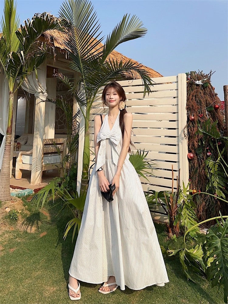 Gentle Style Stripesd Bow Halter V-Neck Dress for Women Summer Seaside Vacation A-Line Skirt French Style Long Skirt