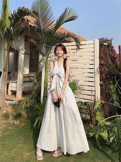 Gentle Style Stripesd Bow Halter V-Neck Dress for Women Summer Seaside Vacation A-Line Skirt French Style Long Skirt