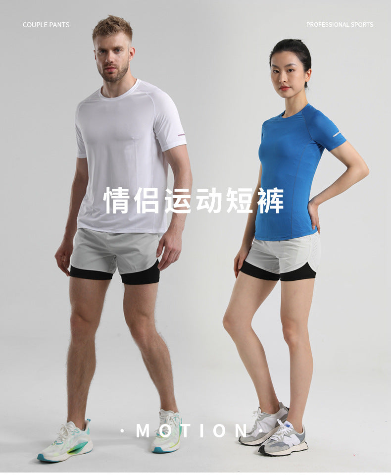 Men's Quick-drying Sports Shorts Fake Two-piece Fitness Triple Pants Marathon Running Pants Invisible Pocket for Mobile Phone
