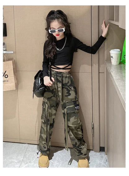 Girls Camouflage Pants Kids Fashion Casual High waisted wide leg pants 2025 Spring Fall ClothesTeen Girl Trousers 8 10 12 14Y