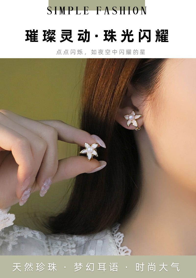Original Handmade Natural Pearl Five-Petal Cherry Blossom Ear Clip Simple Niche High-End S925 Sterling Silver Earrings Ear Jewelry