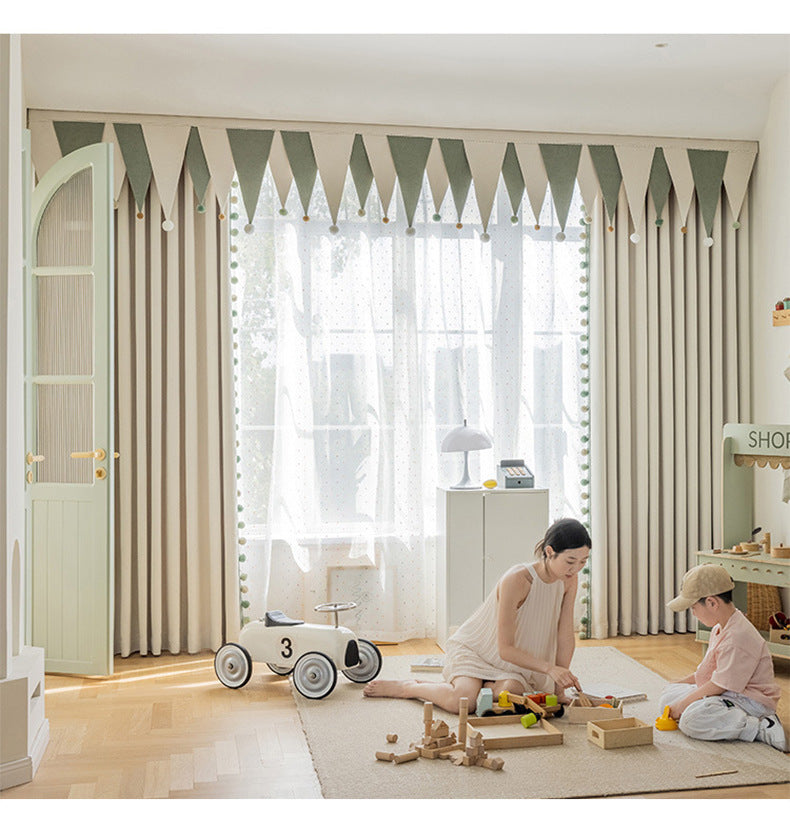 Cream-Colored Chenille Blackout Curtains for Children's Room, Sleeping Beauty Style, with Pom-Pom Design, Custom-Made Finished Product