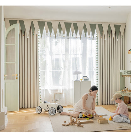 Cream-Colored Chenille Blackout Curtains for Children's Room, Sleeping Beauty Style, with Pom-Pom Design, Custom-Made Finished Product