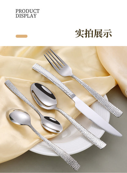 Cross-border 304 Stainless Steel Knife, Fork and Spoon Tableware Hotel Western Food Square Handle Thickened Water Cube Hammer Steak Knife, Fork and Spoon