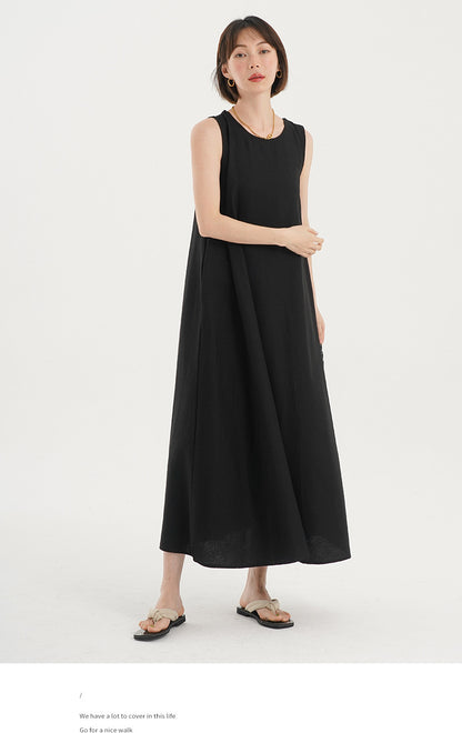 Korean Chic2026 Summer French Design Loose Backless Sleeveless Vest Dress Casual Age-Reducing Long Dress