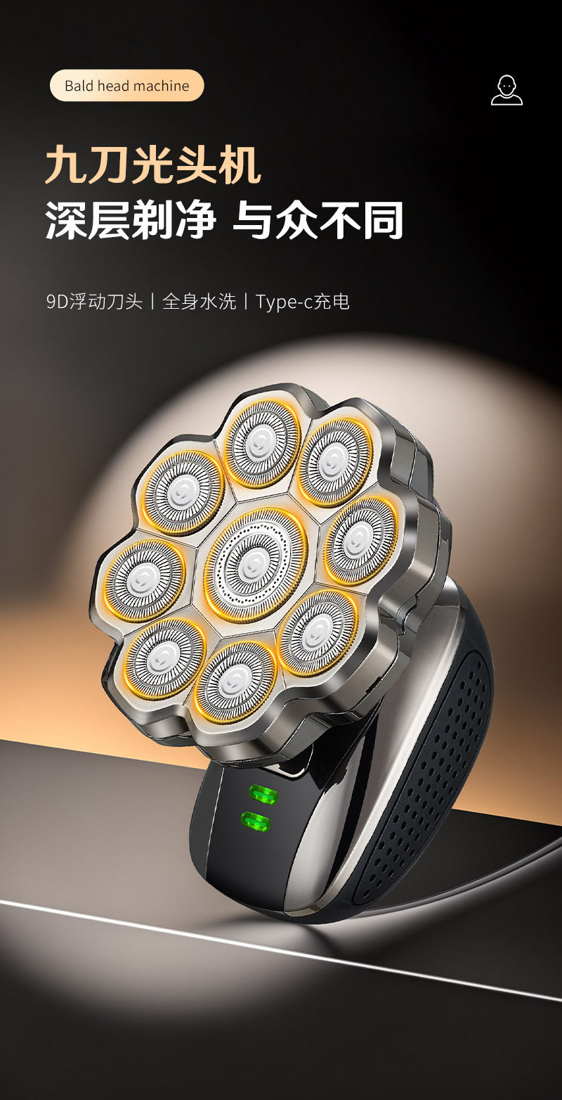 Cross-border nine-blade head bald self-service haircut artifact electric rechargeable razor magnetic suction head body washing knife