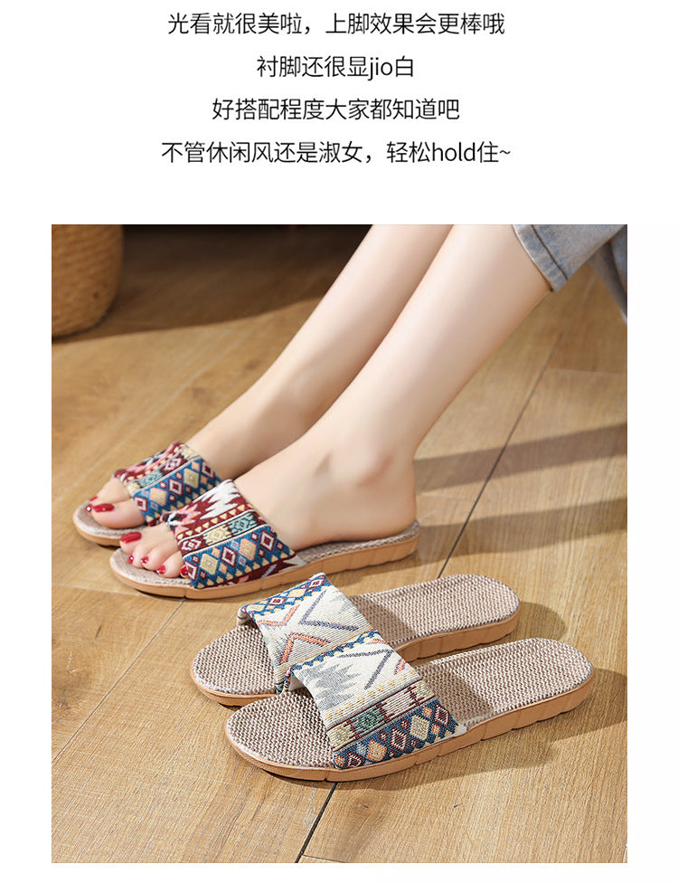 Four Seasons Home Linen Slippers Fashion Printed Thick Sole Non-Slip Sweat-Absorbent Wear-Resistant Large Sole Couple Linen Slippers Ethnic Style