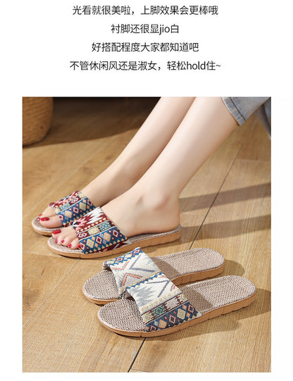 Four Seasons Home Linen Slippers Fashion Printed Thick Sole Non-Slip Sweat-Absorbent Wear-Resistant Large Sole Couple Linen Slippers Ethnic Style