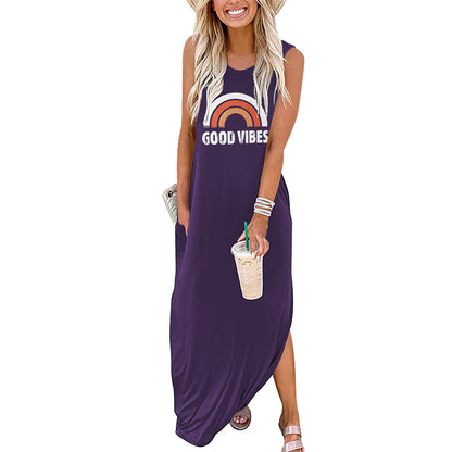 Spot Amazon Independent Station Ebay Women's Dress Good Vibes Rainbow Flap Pocket Pants Casual Sleeveless Long Skirt