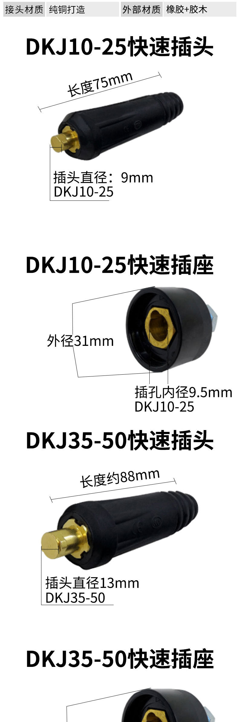 Welding Machine Quick Connector Dkj25-35-50-70 Square All-Copper European Quick-Plug Welding Head Cable Connector