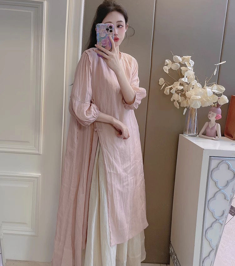 Summer New Style Quality Ramie Handmade Buckle Lace Lace Guofeng dress Double-Layer Skirt suit