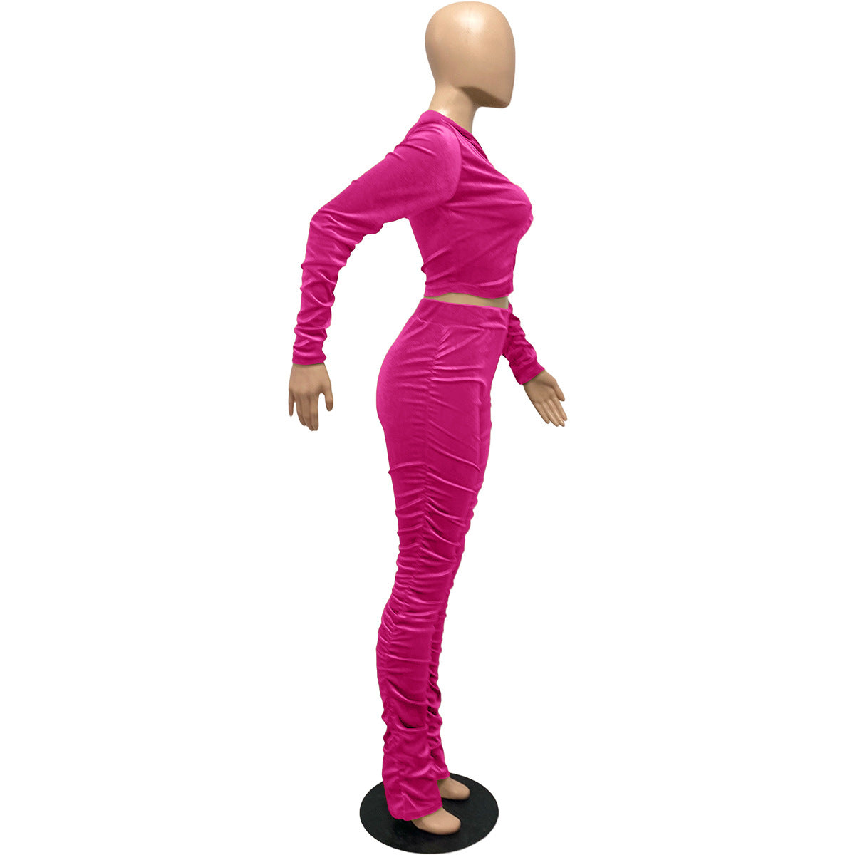 F185 European and American Women's Clothing Amazon Spring Two-piece Korean Velvet Solid Color Long Sleeve Navel Pleated Sports Suit