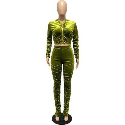 F185 European and American Women's Clothing Amazon Spring Two-piece Korean Velvet Solid Color Long Sleeve Navel Pleated Sports Suit