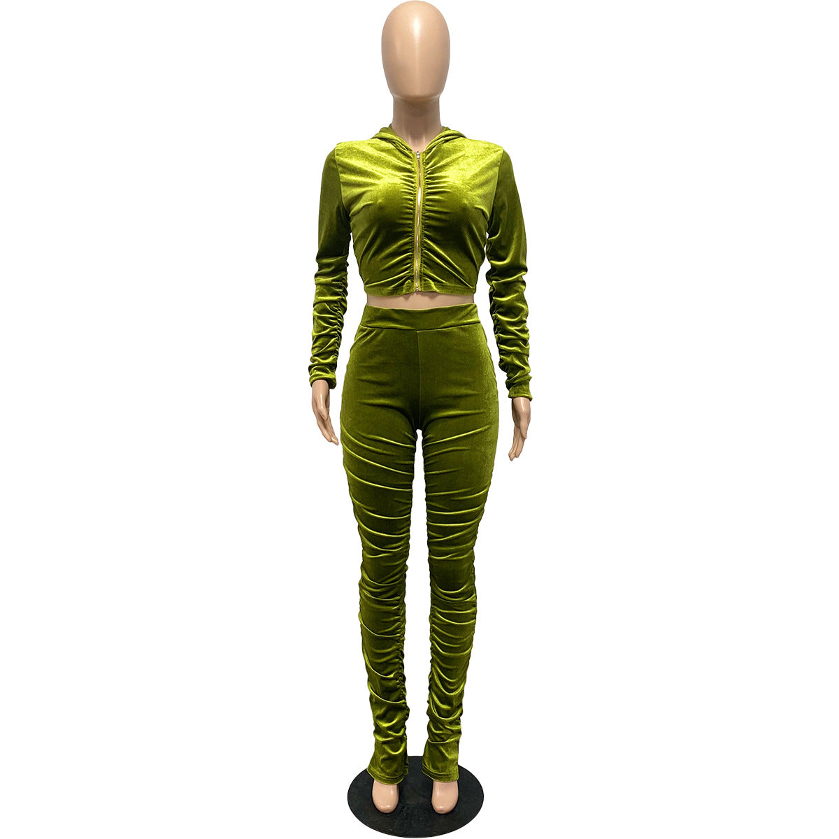 F185 European and American Women's Clothing Amazon Spring Two-piece Korean Velvet Solid Color Long Sleeve Navel Pleated Sports Suit