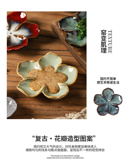 Retro Japanese Ceramic Plate Flower-Shaped Small Plate Creative Flavor Plate Dipping Plate Small Dish Multi-Color Kiln-Turned Plate