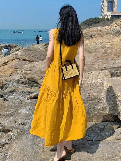 Summer New Cotton and Linen Ins Gentle Solid Color Sleeveless dress French Loose Strap Slimming Holiday Style Long Dress