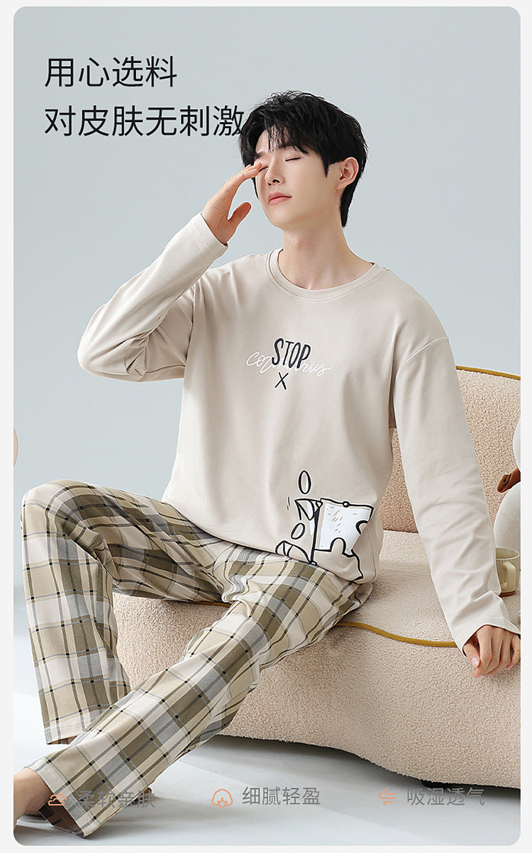 Plus Size 5XL 100% Cotton Men's Long-Sleeved Pajamas Spring & Fall Long-Sleeved 105kg Can Be Worn Outside Home Clothes Set