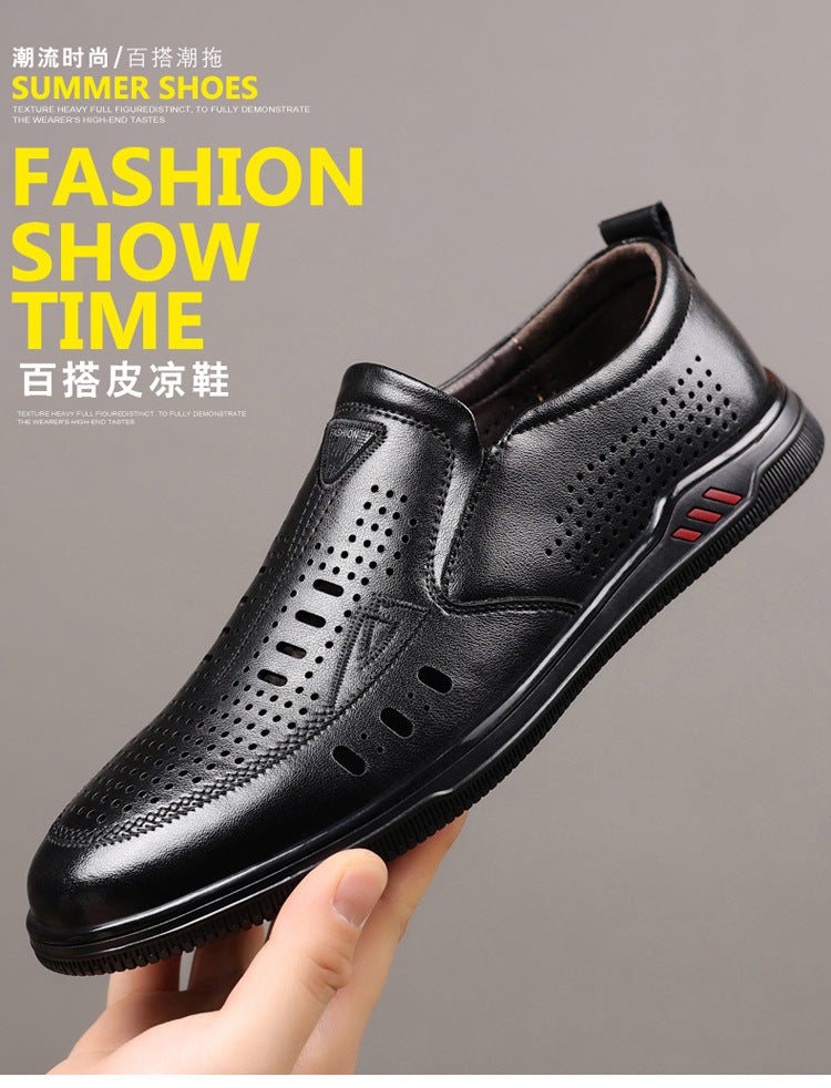 Summer Leather Shoes for Men, Casual Hollow Breathable Clogs, Soft Sole, Soft Mesh Shoes, Foreign Style Men's Shoes, Drop Shipping