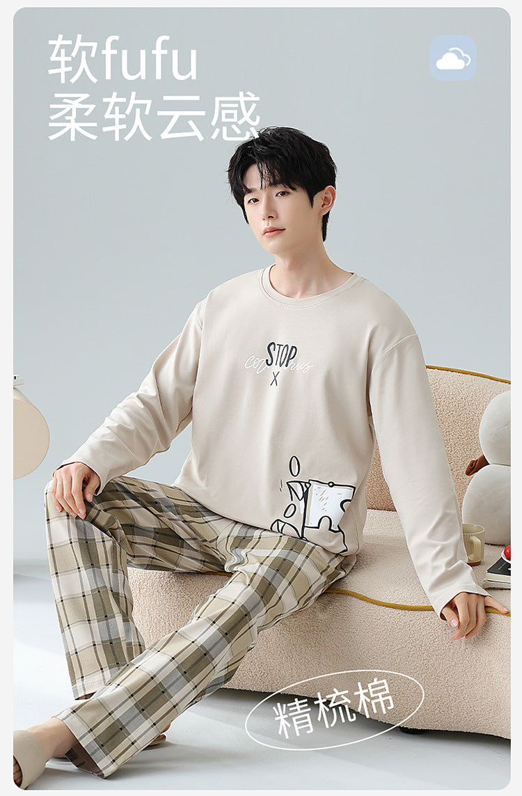 Plus Size 5XL 100% Cotton Men's Long-Sleeved Pajamas Spring & Fall Long-Sleeved 105kg Can Be Worn Outside Home Clothes Set