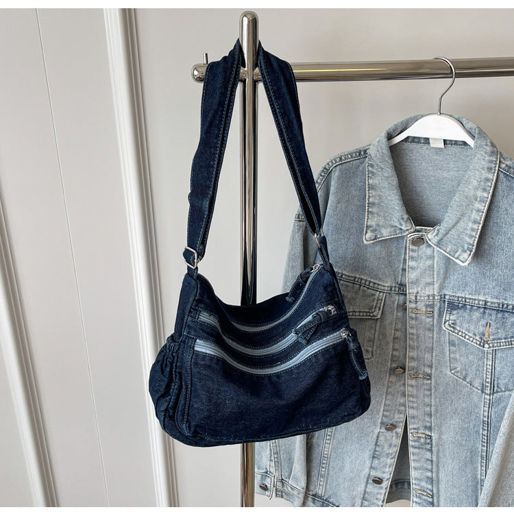 Casual Denim Shoulder Bag Japanese Harajuku Style Canvas Bag for Women 2026 New Large Capacity Simple Crossbody Bag