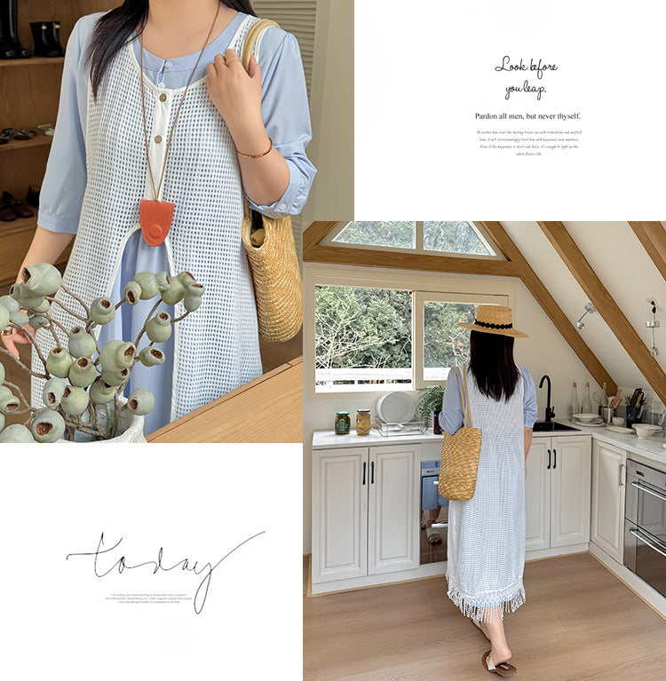 Two days 2025 spring new plus size women's tassel hollow blouse/solid color waist dress 8782AB