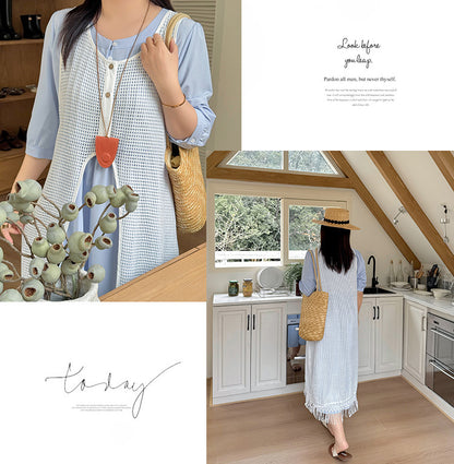 Two days 2025 spring new plus size women's tassel hollow blouse/solid color waist dress 8782AB
