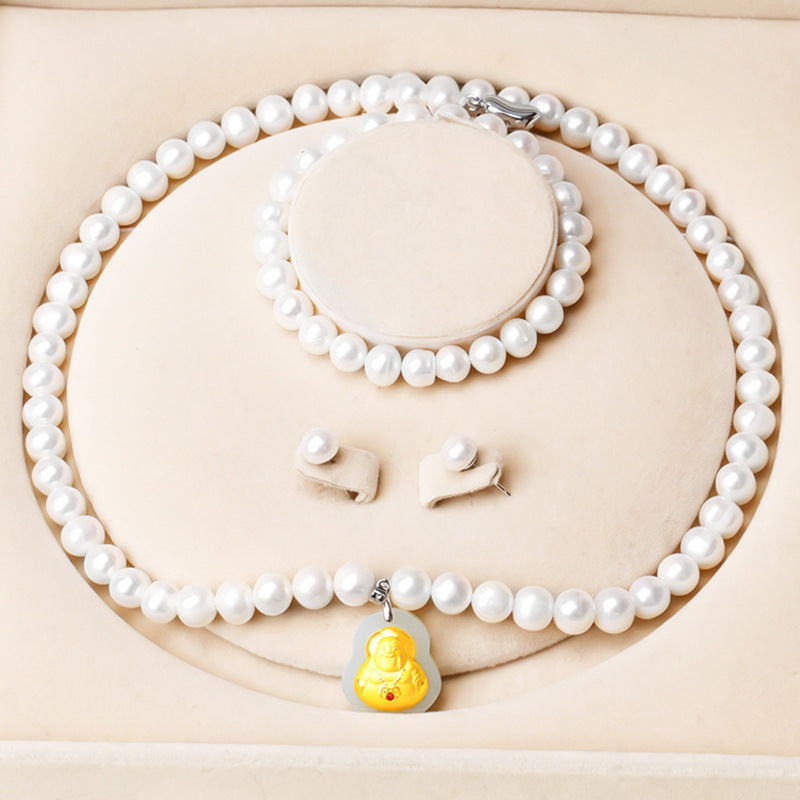 8-9 Natural Freshwater Pearl Necklace, Gold-Inlaid Jade Small Buddha Jade Necklace, Gift for Mom on Mother's Day