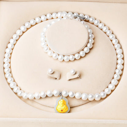 8-9 Natural Freshwater Pearl Necklace, Gold-Inlaid Jade Small Buddha Jade Necklace, Gift for Mom on Mother's Day