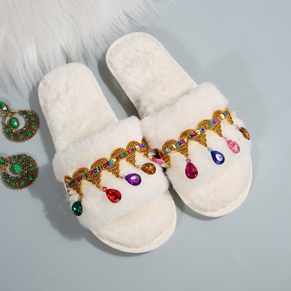 Thick-Soled Furry Slippers for Women in Autumn and Winter Indoor and Outdoor 2025 New Tassel Rhinestone Plush Slippers One-Line Cotton Slippers for Women