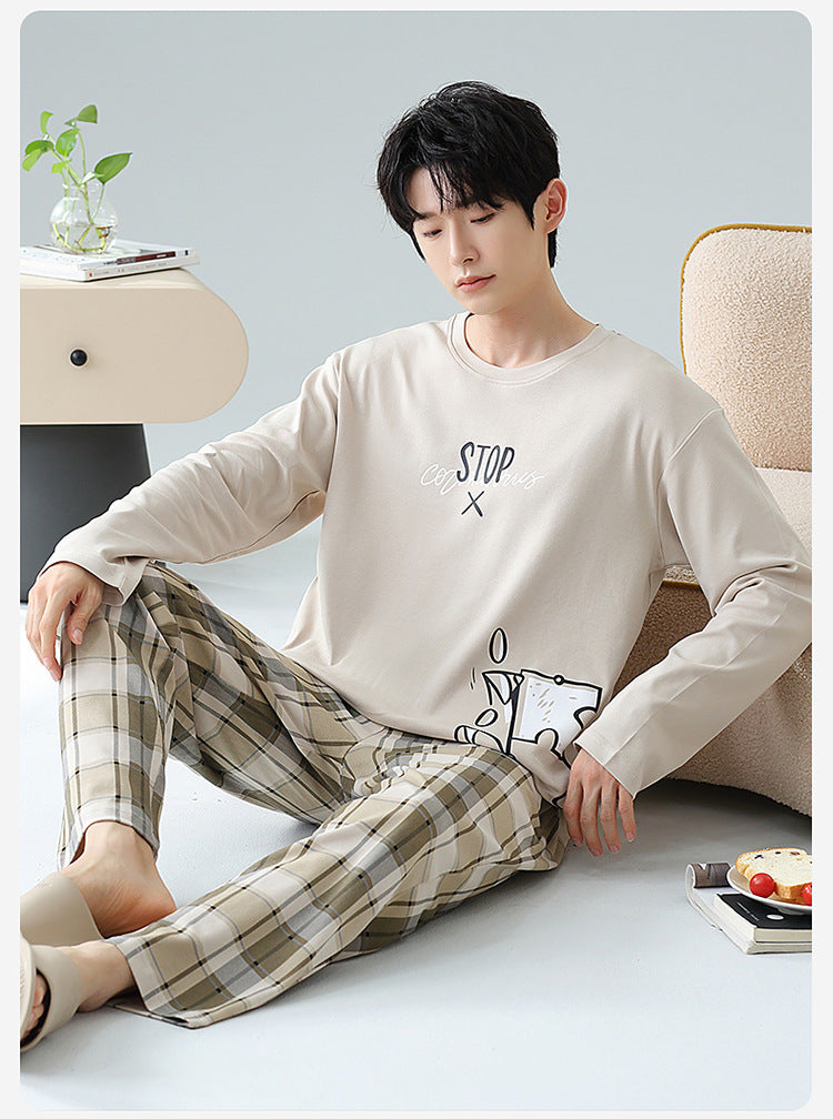 Plus Size 5XL 100% Cotton Men's Long-Sleeved Pajamas Spring & Fall Long-Sleeved 105kg Can Be Worn Outside Home Clothes Set