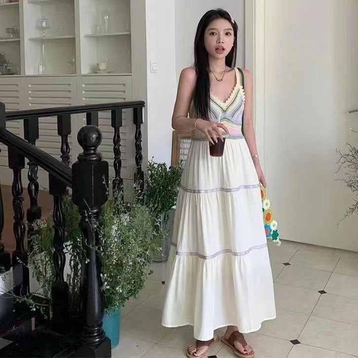 Summer women's national style sling hollow stitching dress new style sling skirt holiday style