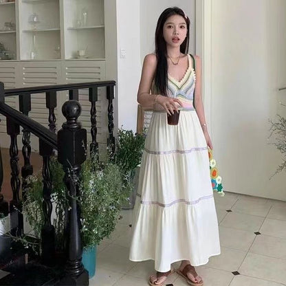 Summer women's national style sling hollow stitching dress new style sling skirt holiday style