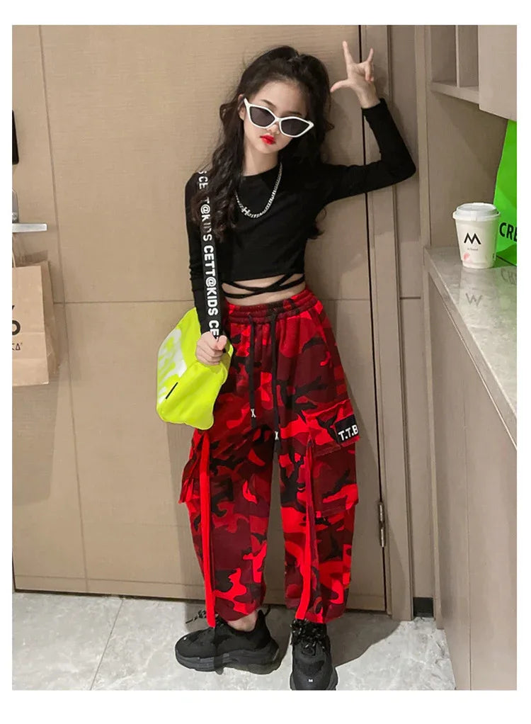 Girls Camouflage Pants Kids Fashion Casual High waisted wide leg pants 2025 Spring Fall ClothesTeen Girl Trousers 8 10 12 14Y