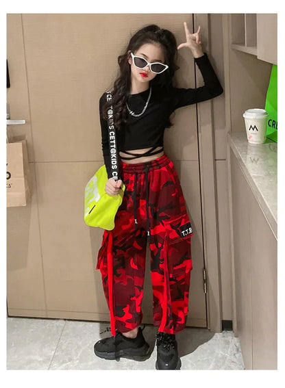 Girls Camouflage Pants Kids Fashion Casual High waisted wide leg pants 2025 Spring Fall ClothesTeen Girl Trousers 8 10 12 14Y