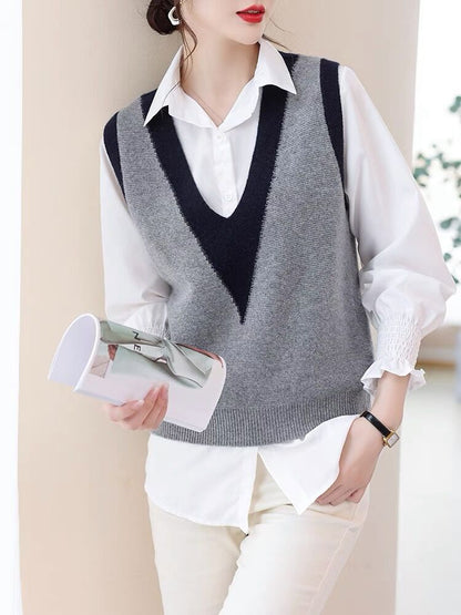 Woolen sweater knitted vest for women 2023 Autumn New sleeveless stacked color matching V-neck wool warm vest waistcoat