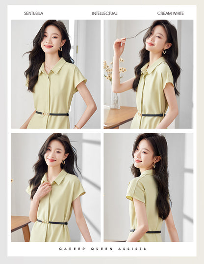 [Elegant Long Skirt] V-neck Short-sleeved dress High-end Work Clothes Mid-length Skirt Spring and Summer Business Wear Uniform