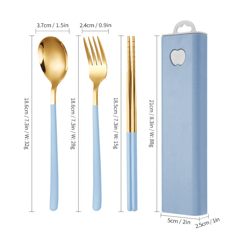 304 Stainless Steel Convenient Tableware Fork, Spoon and Chopsticks Three-Piece Set Outdoor Travel Student Storage Box Tableware Set