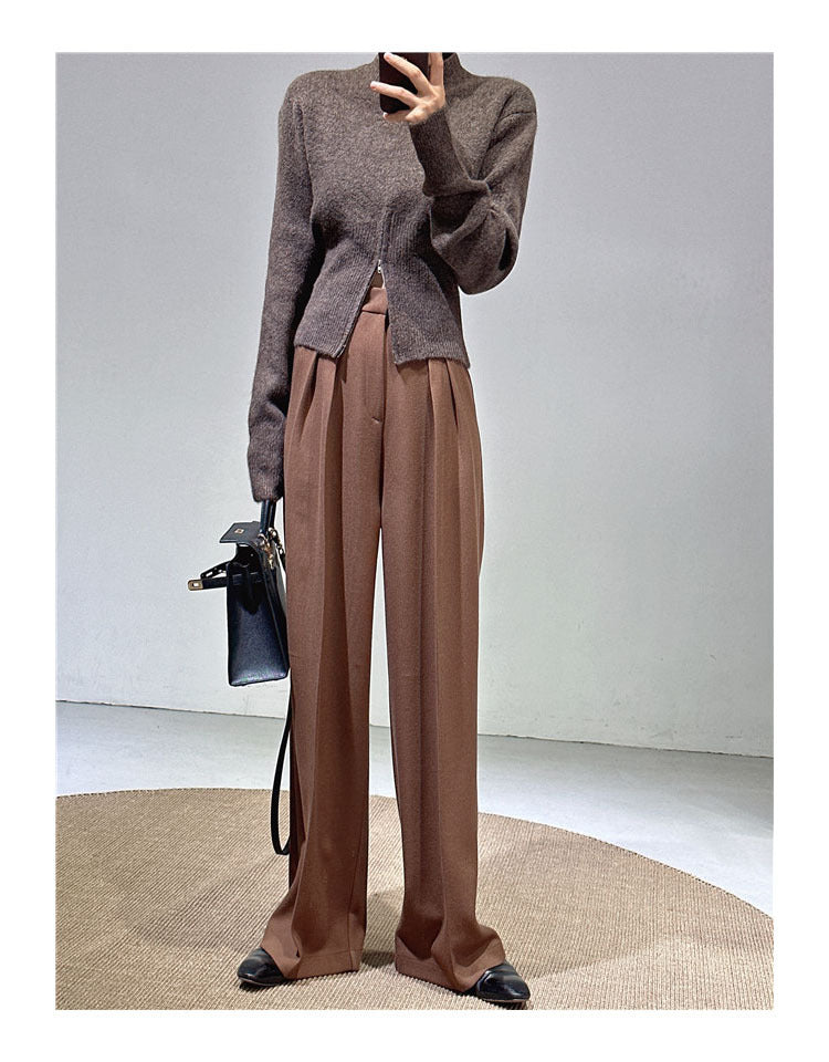 Spring and Autumn New Style Old Money Style Brown Coffee Color Suit Pants for Women, Wide-Leg Pants with Drape Effect, Slimming, Extended Length for Tall Individuals, Straight-Leg Pants