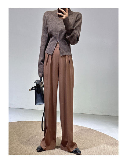 Spring and Autumn New Style Old Money Style Brown Coffee Color Suit Pants for Women, Wide-Leg Pants with Drape Effect, Slimming, Extended Length for Tall Individuals, Straight-Leg Pants