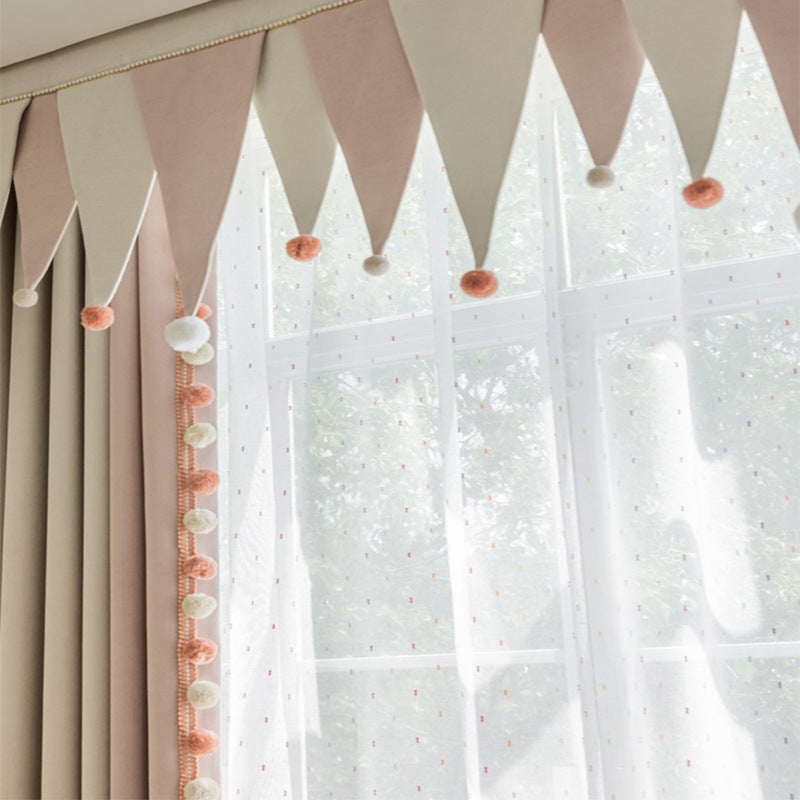 Cream-Colored Chenille Blackout Curtains for Children's Room, Sleeping Beauty Style, with Pom-Pom Design, Custom-Made Finished Product