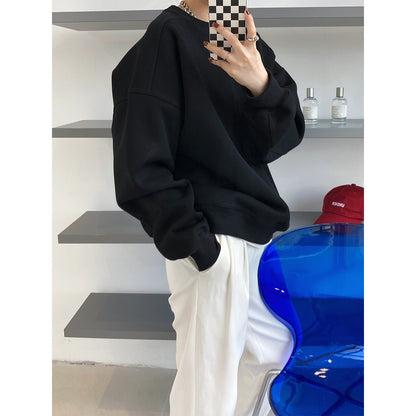 Luxi 2025 Autumn and Winter New Style Velvet Thickeneded Burgundy Sweatshirt for Women Korean Style Normcore Long-Sleeved Pullover Top 2628