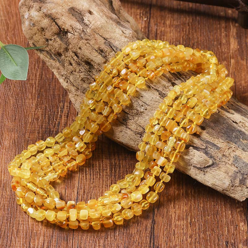 Natural, Unenhanced Baltic High-End Amber Beeswax Cube Necklace, Multi-Strand Bracelet, Gold-Wrapped Amber, Freeform