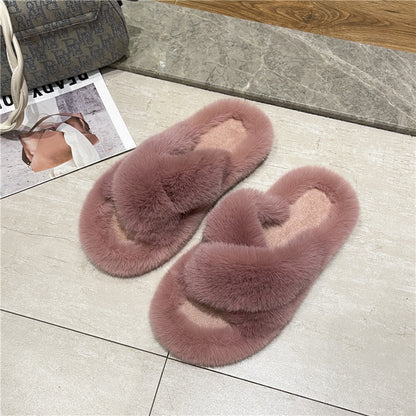 Foreign Trade Furry Slippers for Women 2025 Autumn and Winter New Korean Style Lazy Outer Wear Cross Thick-Soled Open-Toe Slippers for Outer Wear