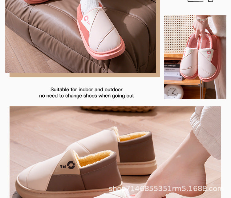 New Leather Waterproof Cotton Slippers for Women in Winter Indoor Thick-Soled Warm Home Fleece-Lined Bag and Couple Wool Slippers for Men