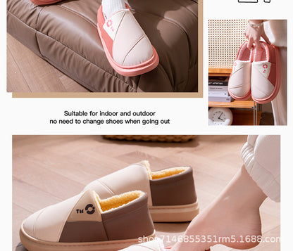 New Leather Waterproof Cotton Slippers for Women in Winter Indoor Thick-Soled Warm Home Fleece-Lined Bag and Couple Wool Slippers for Men