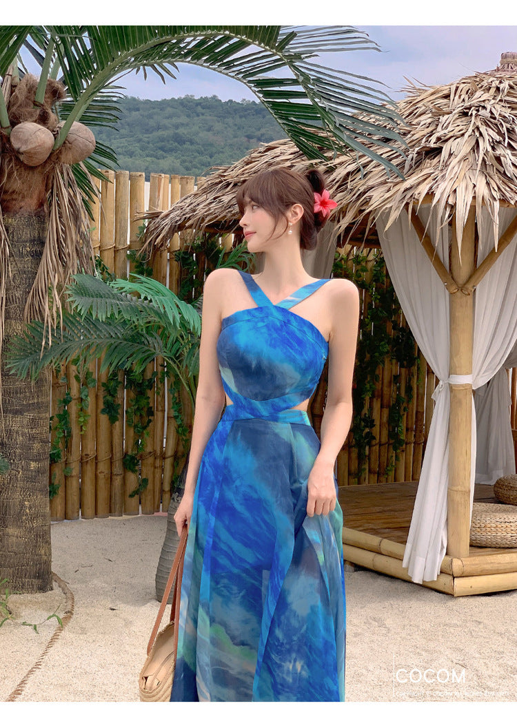 Foreign Trade Women's 2025 Summer New Temperament Sling Long Dress Fashion Waist Chiffon Printed Large Swing Dress dress
